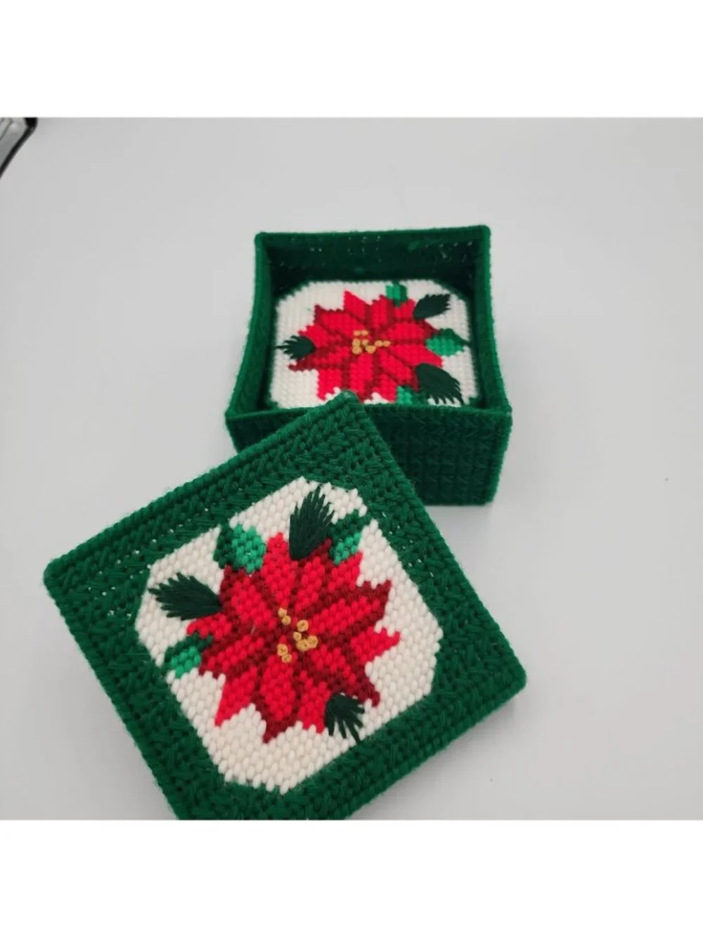 Vintage Cross Stitch Coaster Set Christmas Poinsettia  Set 6 Handmade W/storage